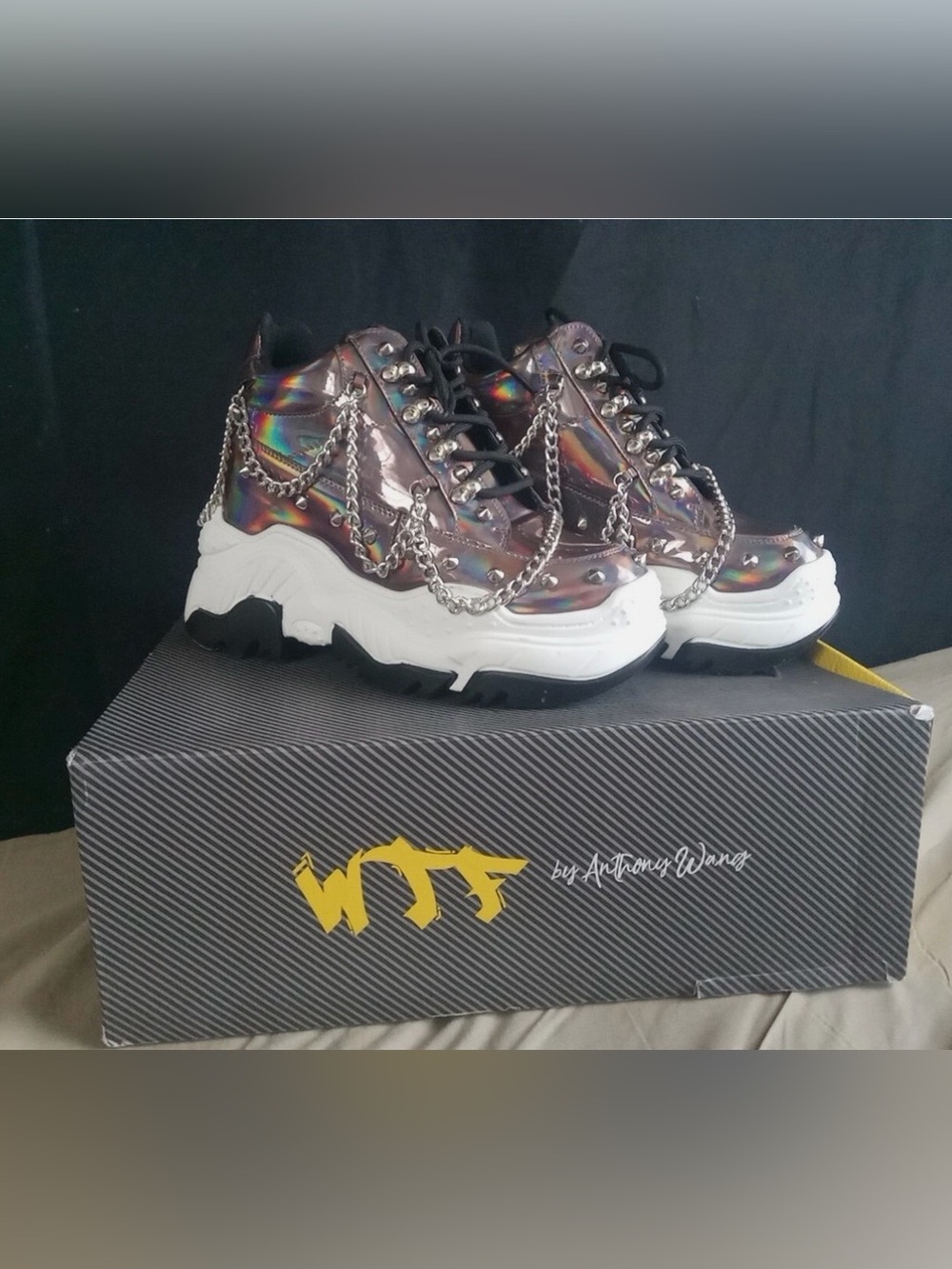 Holographic Chunky Platform Sneakers with Silver Chains - Iridescent